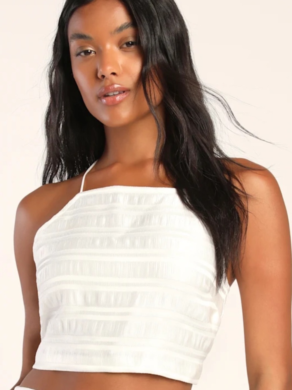 NWT LULUS Inspiring Style White Jacquard Striped Lace-Up Backless Crop Top